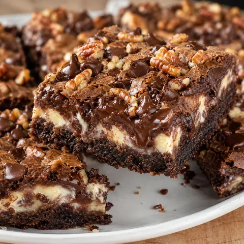 Chocolate pecan gooey butter cake bars with toasted pecans