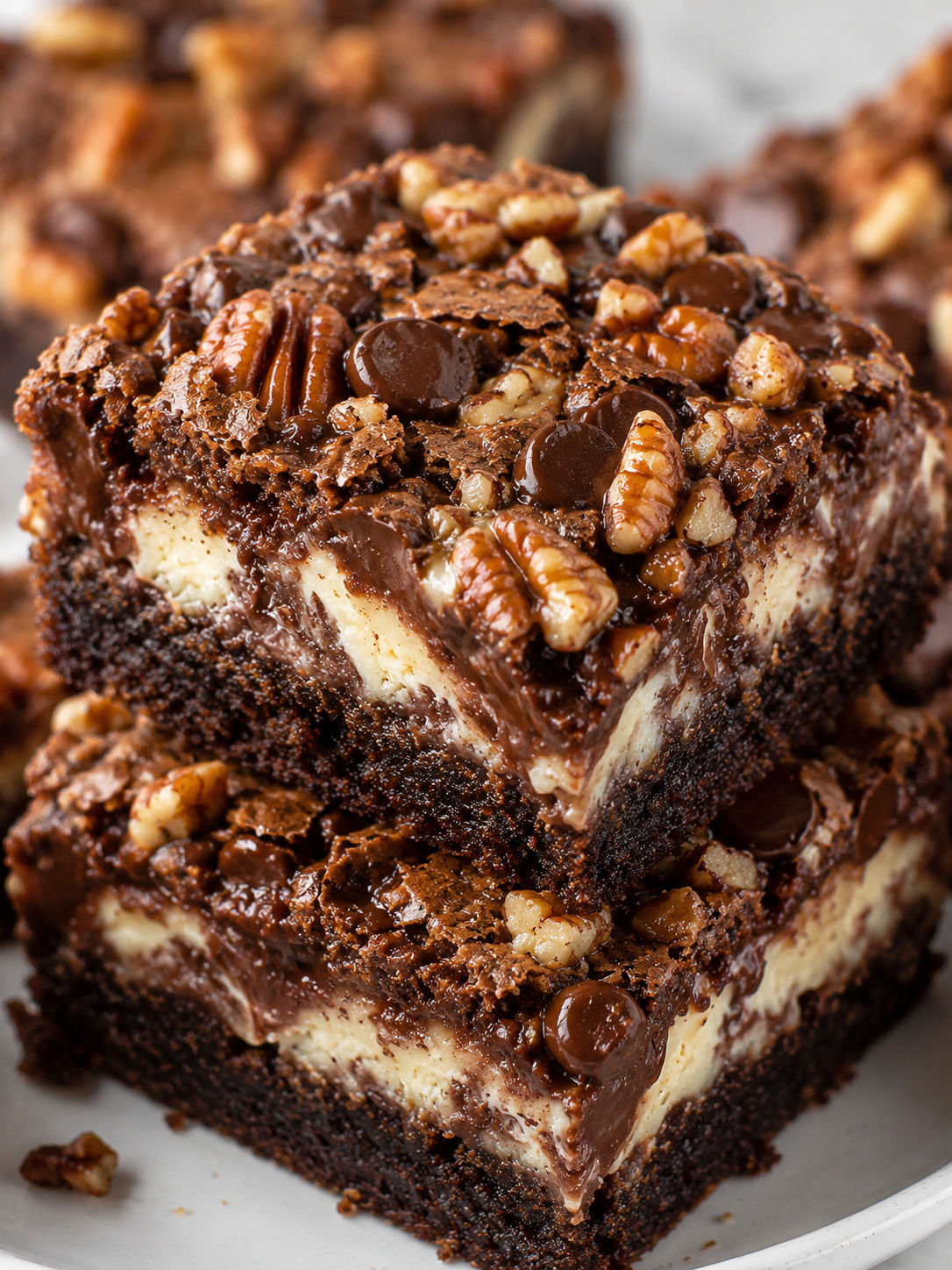 Chocolate Pecan Ooey Gooey Butter Cake, plated and served