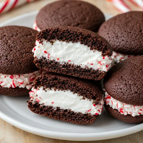 Chocolate peppermint whoopie pies with marshmallow filling and candy cane edges