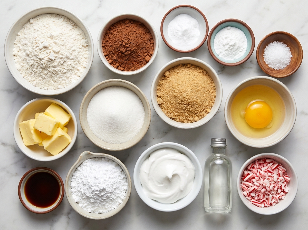 Ingredients for chocolate peppermint whoopie pies on a light wooden surface