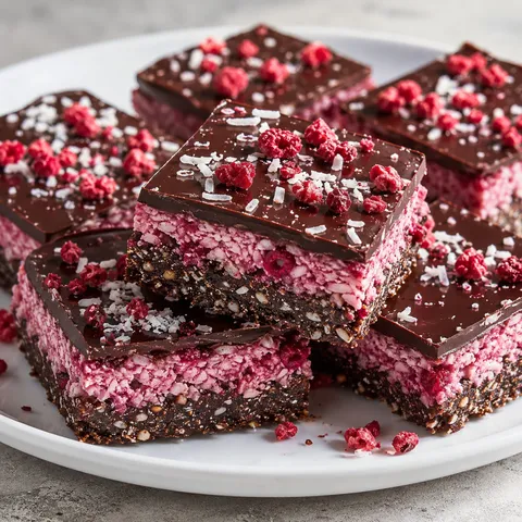 Chocolate raspberry coconut slices with pink coconut filling and dark chocolate top