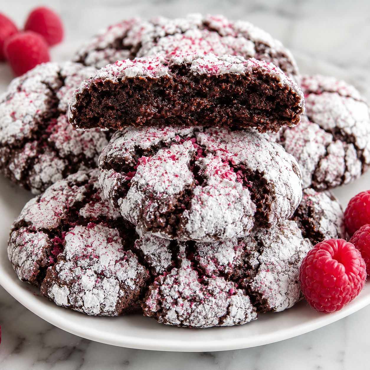 Chocolate raspberry crinkle cookies with pink sugar and one broken open