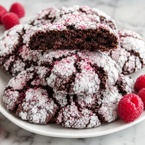 Chocolate raspberry crinkle cookies with pink sugar and one broken open