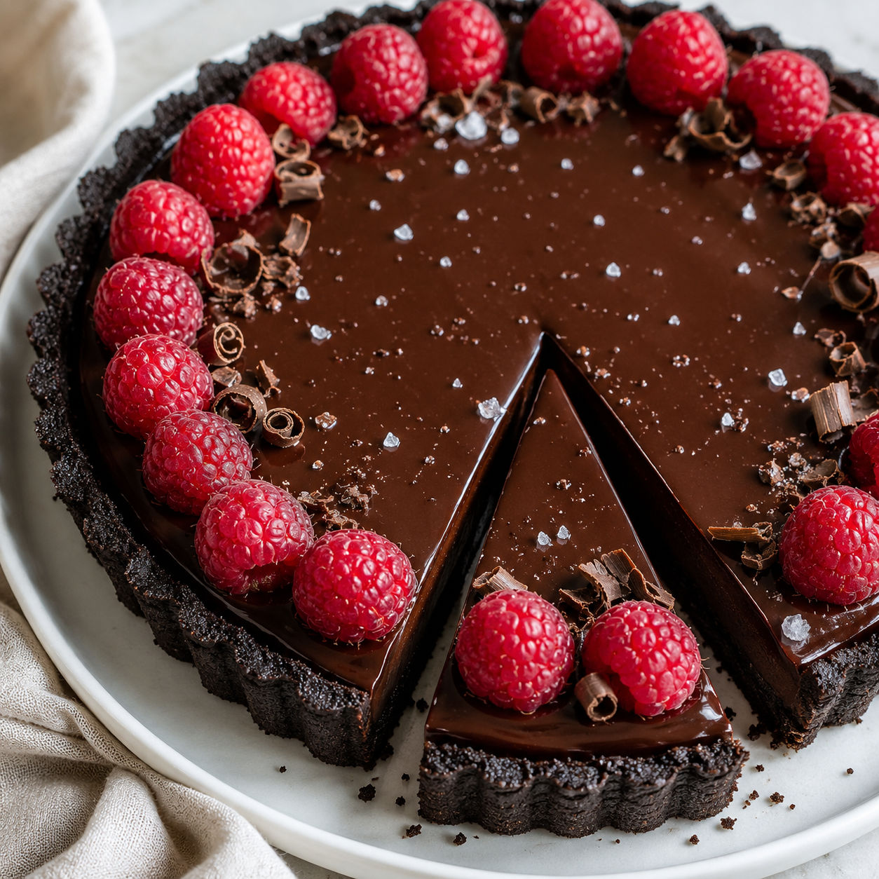 Chocolate raspberry tart with Oreo crust and fresh raspberries