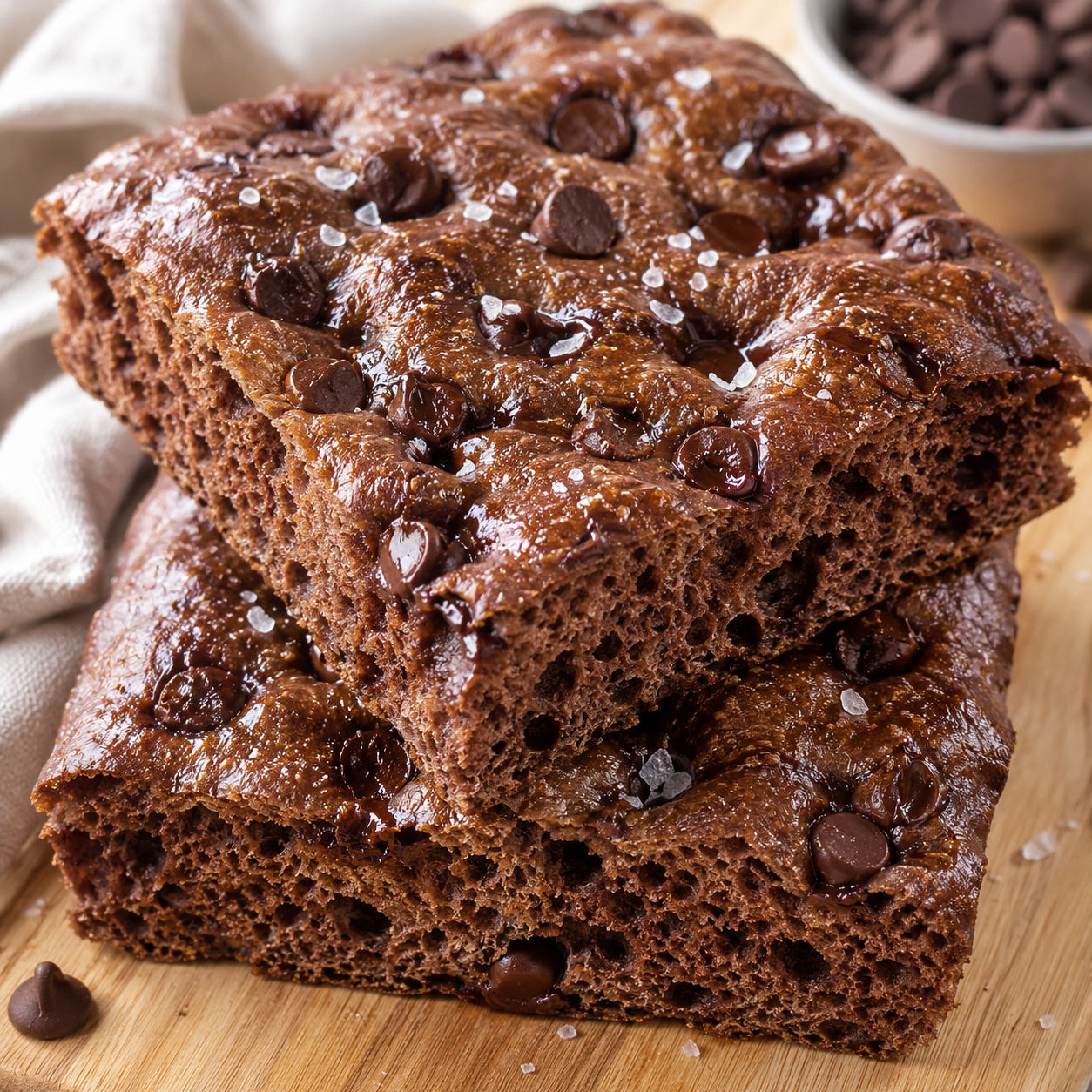 Chocolate sourdough focaccia squares with chocolate chips and flaky salt