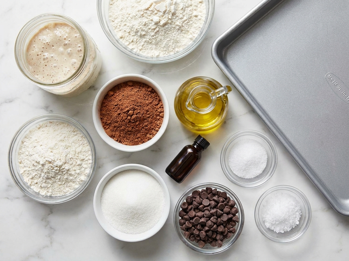 Ingredients for chocolate sourdough focaccia with starter, cocoa, and chocolate chips