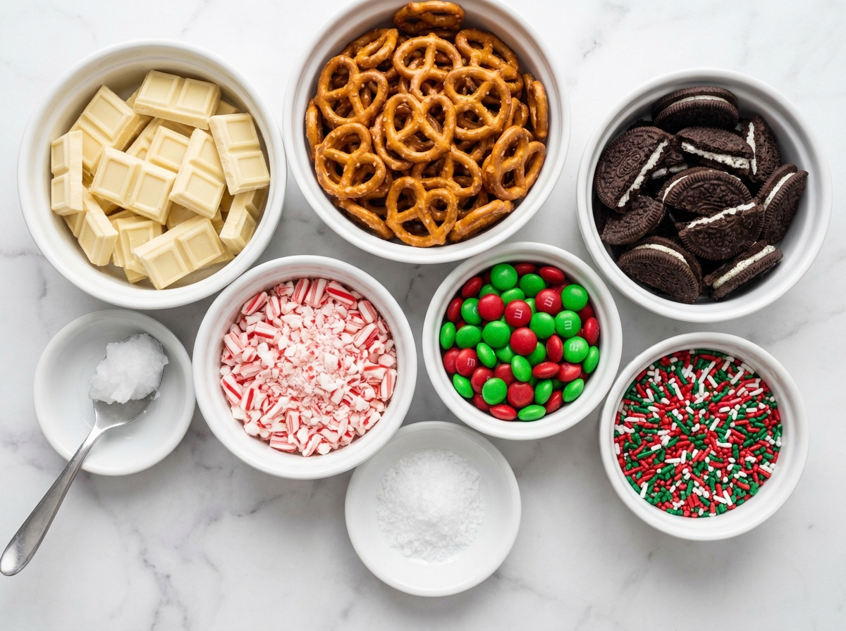 Ingredients for Christmas Bark with white chocolate, pretzels, cookies, and candy