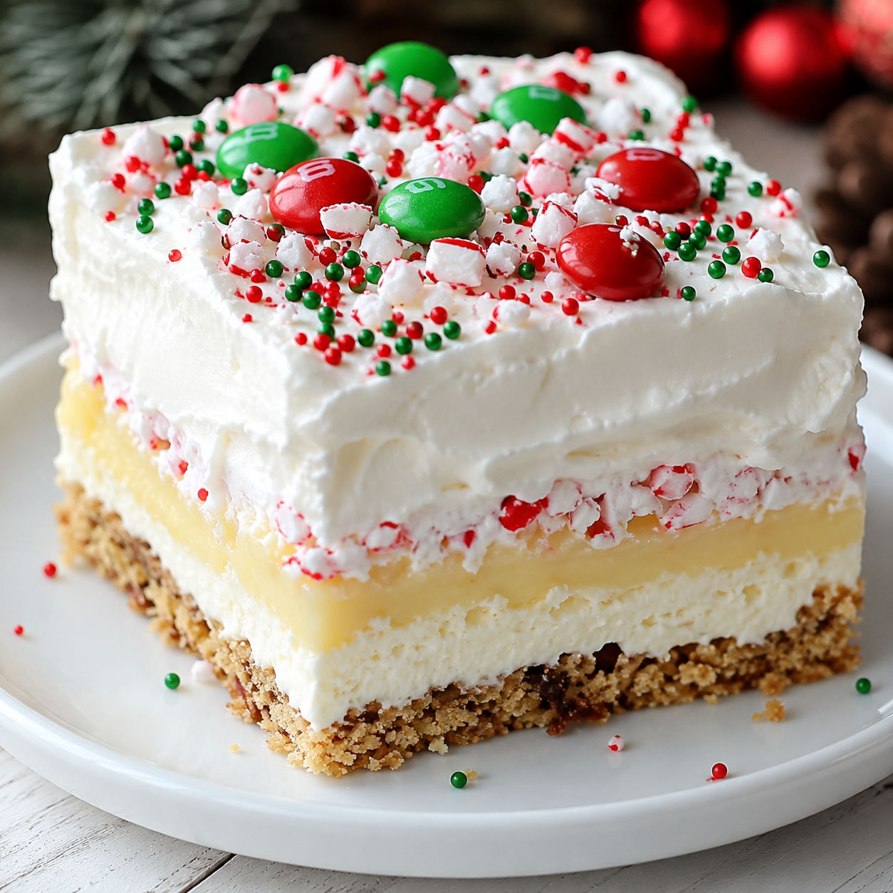 Christmas Cookie Lasagna slice with whipped topping and red green sprinkles
