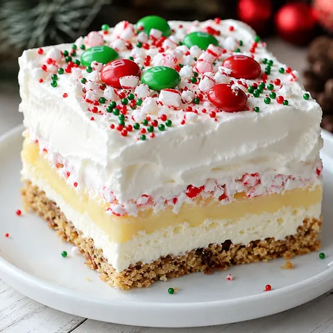 Christmas Cookie Lasagna slice with whipped topping and red green sprinkles