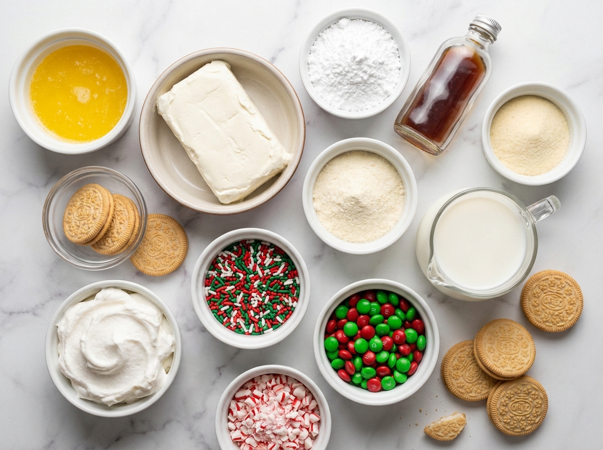 Ingredients for Christmas Cookie Lasagna with cookies cream cheese pudding and sprinkles