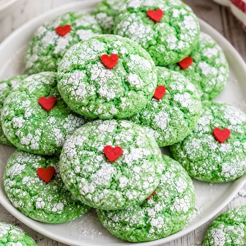 Green Grinch crinkle cookies with powdered sugar and red heart sprinkles