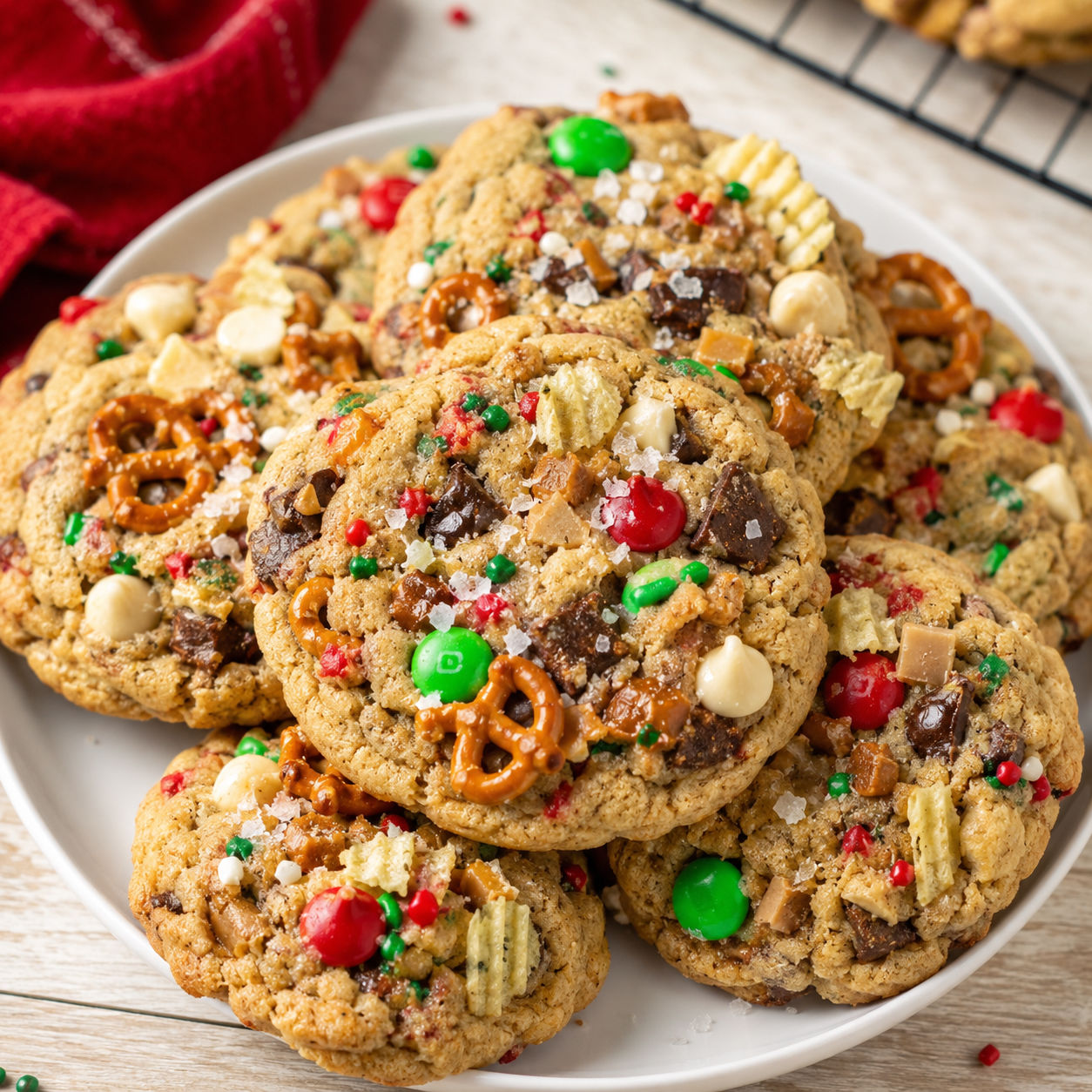 Christmas Kitchen Sink Cookies with M&Ms, pretzels, chips, and chocolate