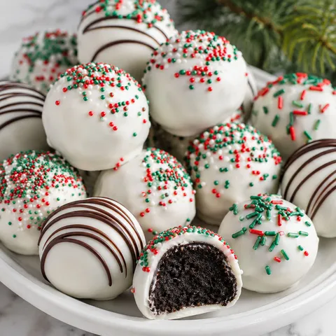 Christmas Oreo Balls with sprinkles and one truffle cut open
