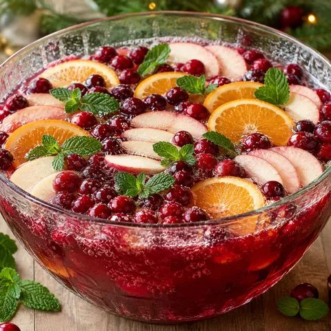 Ruby Christmas punch with floating oranges, apples, cranberries, and mint in a glass bowl