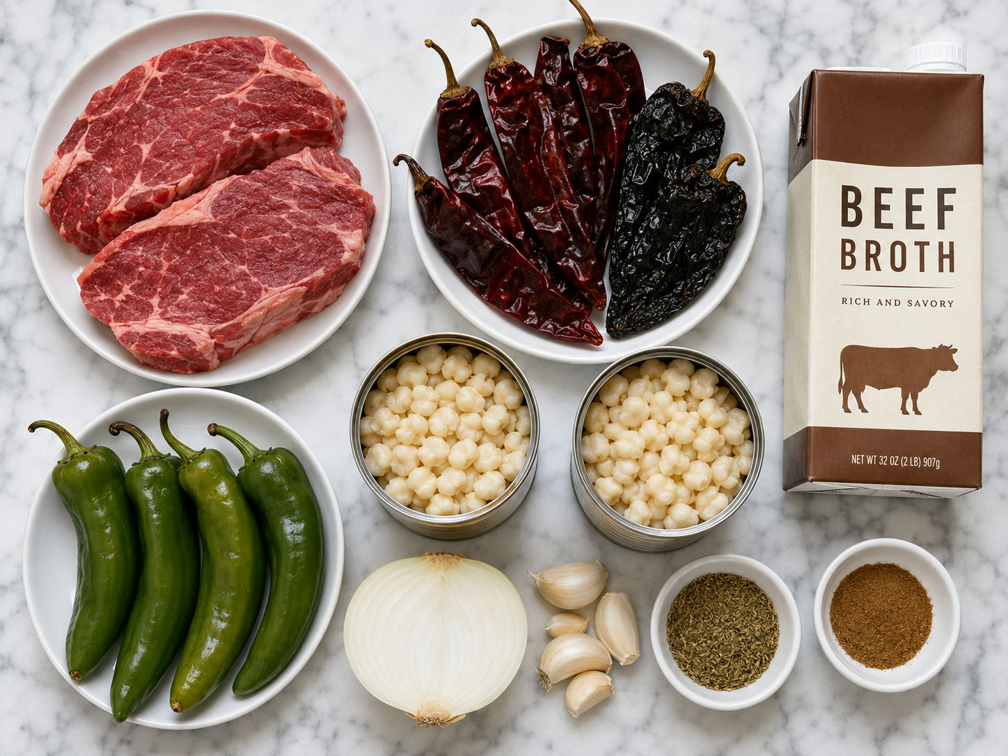 Raw ingredients for Christmas steak pozole on a wooden board with dried chiles, beef, and hominy