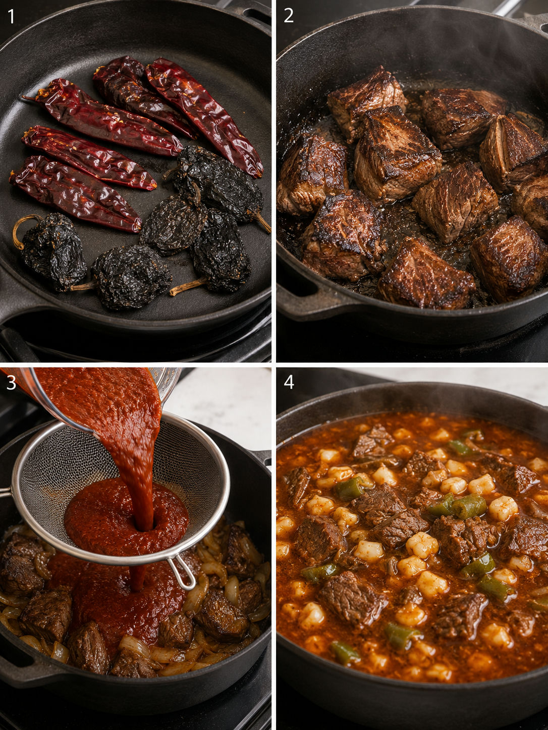Four cooking steps for Christmas steak pozole from toasting dried chiles to a simmering finished broth