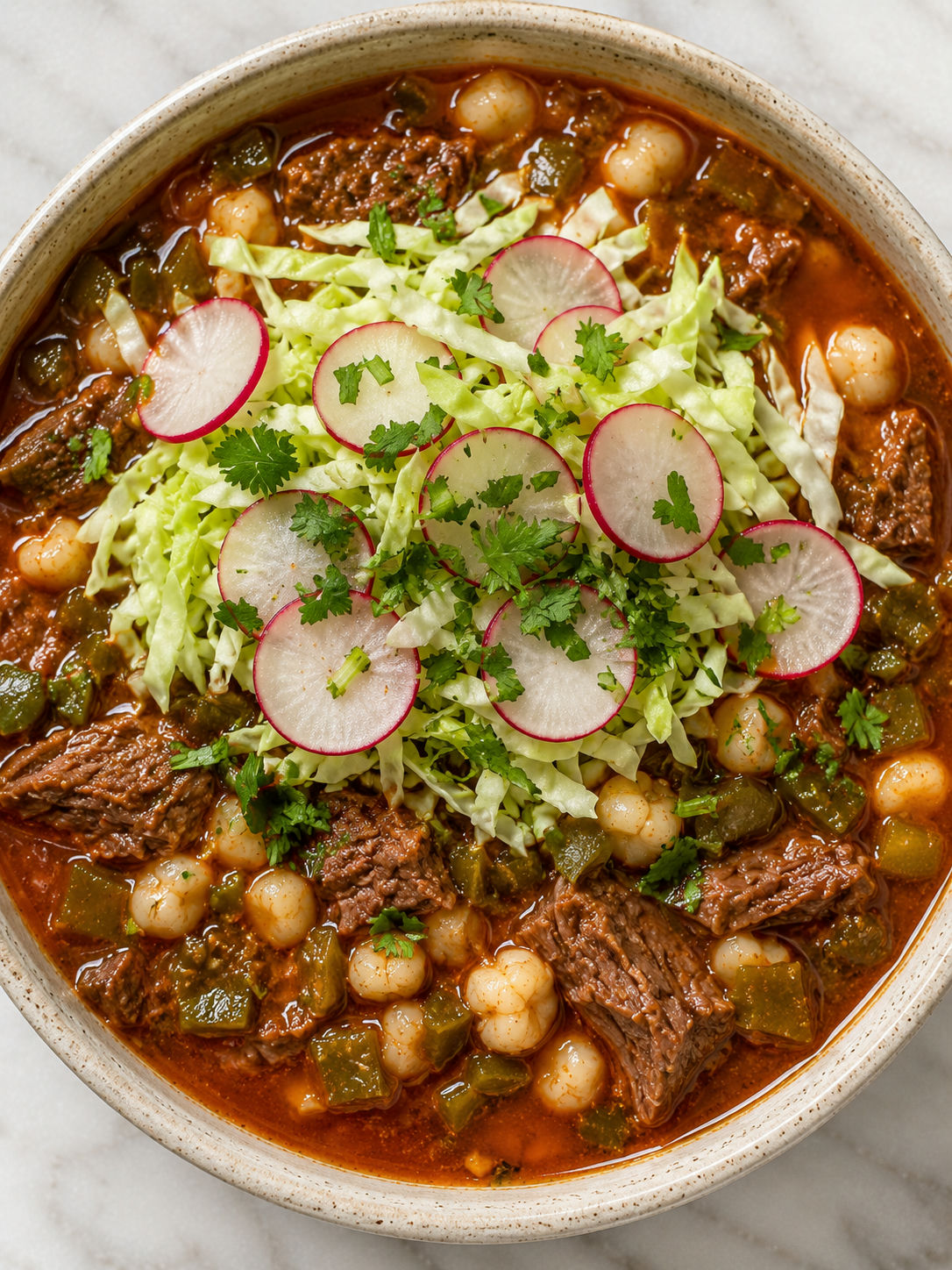 Overhead bowl of Christmas pozole with red broth, hominy, beef, cabbage, and cilantro