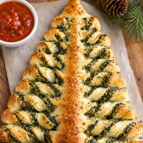 Christmas tree spinach dip breadsticks with garlic butter and marinara