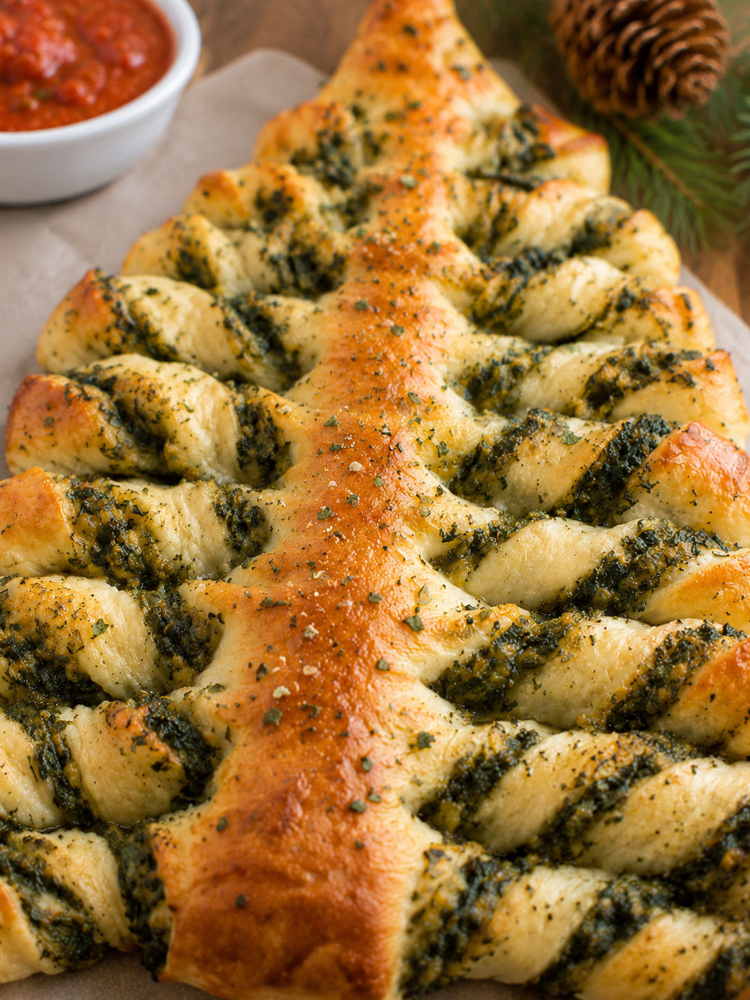 Christmas Tree Spinach Dip Breadsticks, plated and served