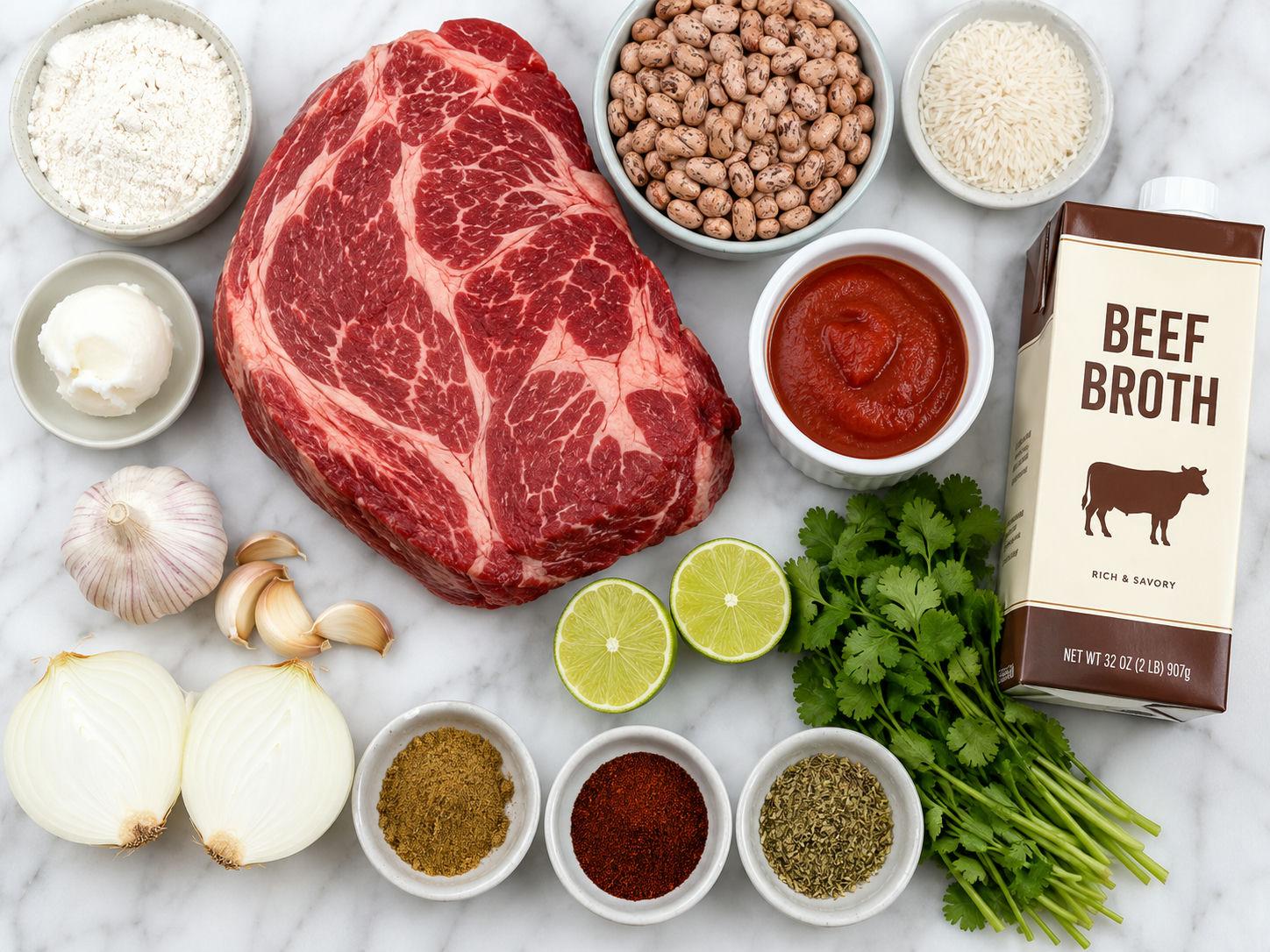 Raw ingredients for chuck roast tacos including the roast, beans, rice, flour, spices, and lime