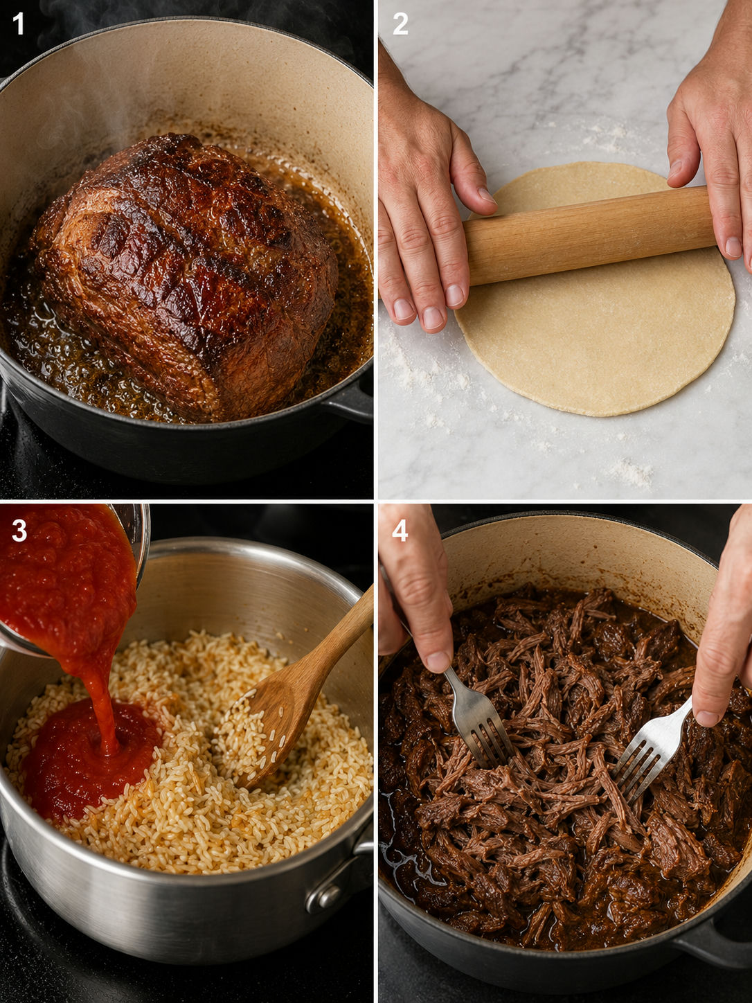 Four steps of making chuck roast tacos from searing the beef to shredding it