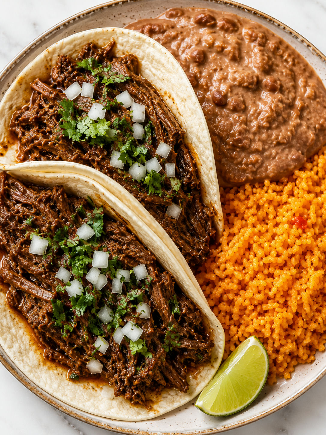 Overhead view of chuck roast tacos plate with refried beans and Mexican rice