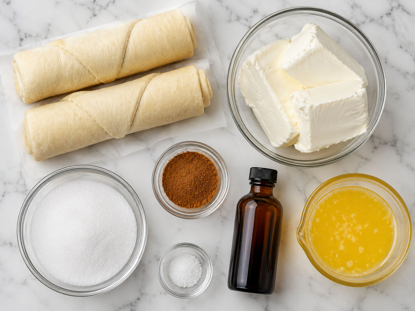 Ingredients for Churro Cheesecake with cream cheese, dough, cinnamon, and sugar