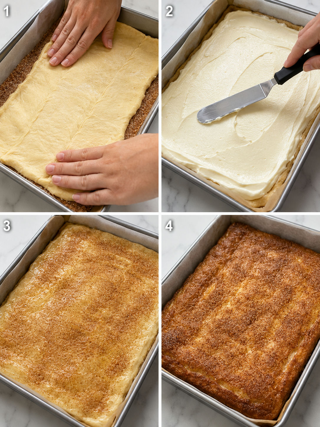 Four steps for making Churro Cheesecake bars in a baking pan