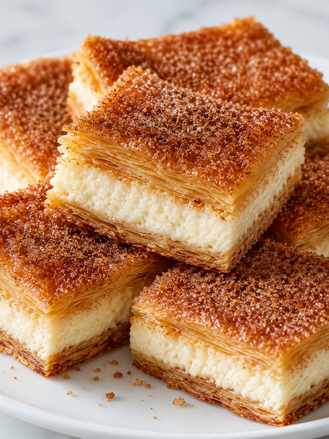 Stacked Churro Cheesecake bars with flaky layers and cinnamon sugar