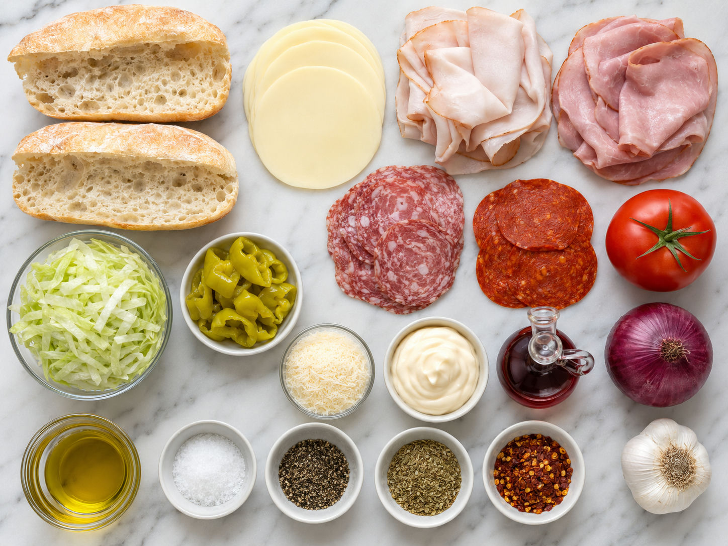 Ingredients for ciabatta grinder salad sandwiches on a light counter