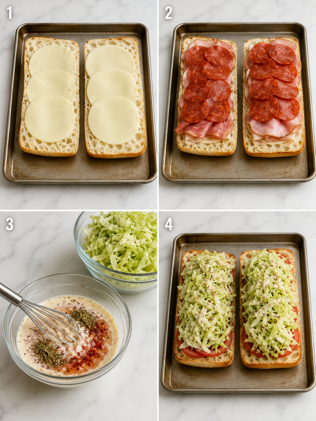 Four steps for making ciabatta grinder salad sandwiches