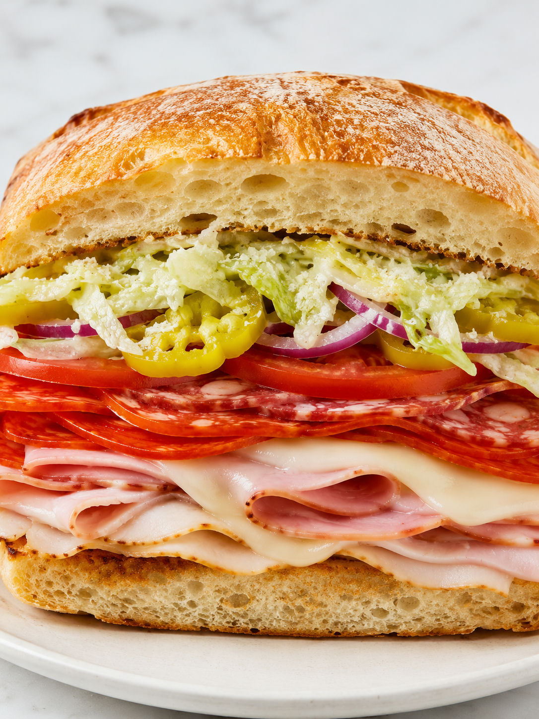 Cut ciabatta grinder salad sandwich packed with deli meats and lettuce