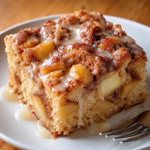 Cinnamon apple cake slice with vanilla glaze on a white plate