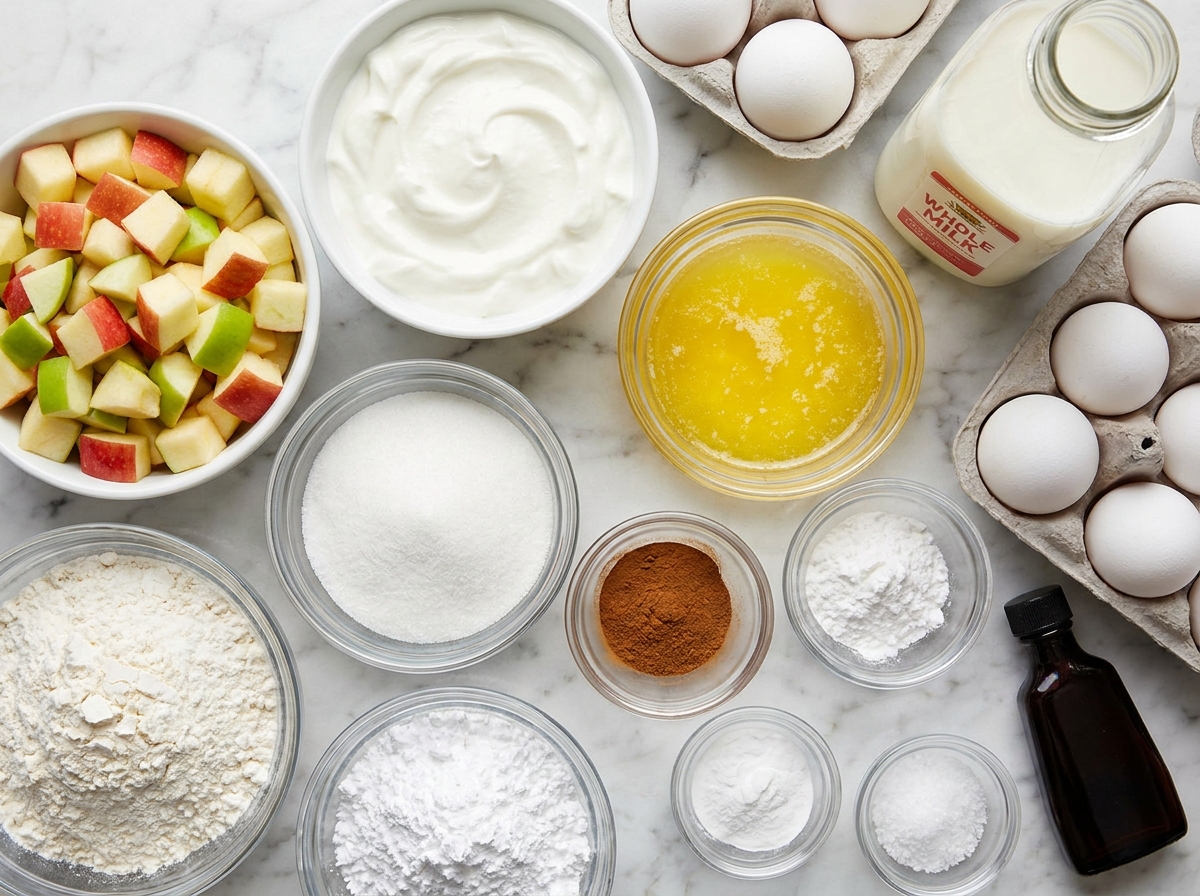 Apples, Greek yogurt, cinnamon, flour, eggs, butter, and glaze ingredients