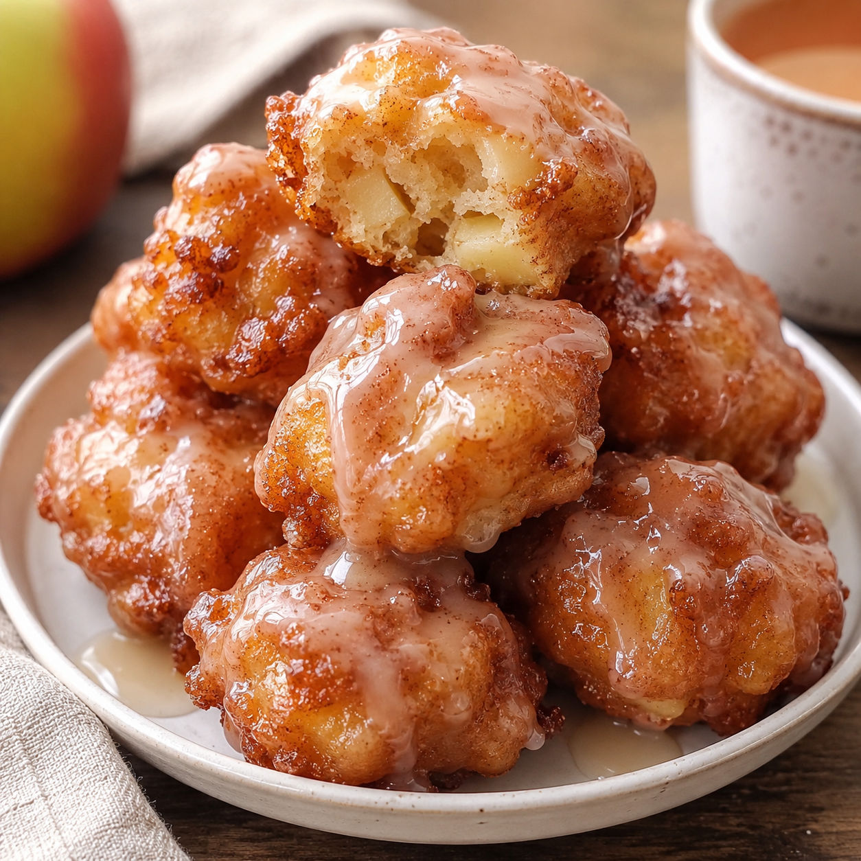Cinnamon apple fritter bites with glossy cider glaze on a white plate