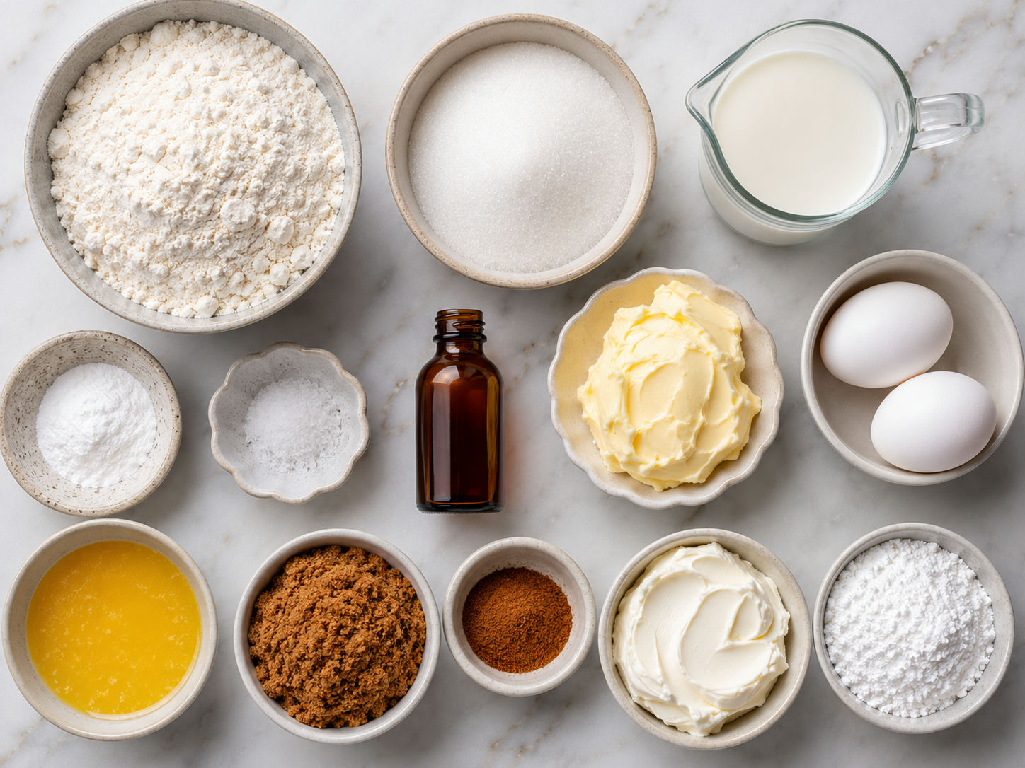 Ingredients for cinnamon roll cake with butter, cinnamon, sugar, milk and eggs