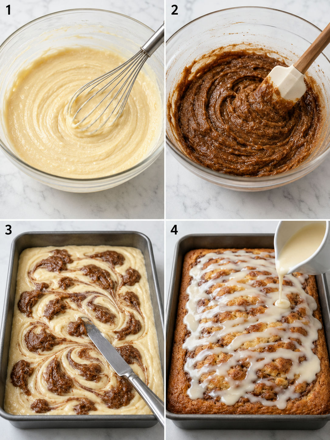 Steps for making cinnamon roll cake from batter to glaze