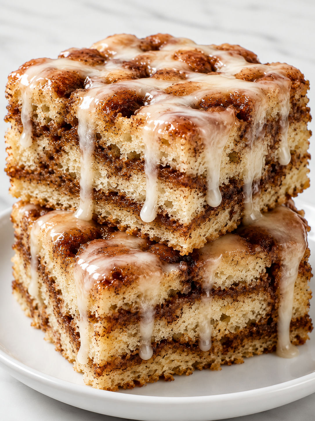 Stacked cinnamon roll cake squares with cream cheese glaze and cinnamon swirls