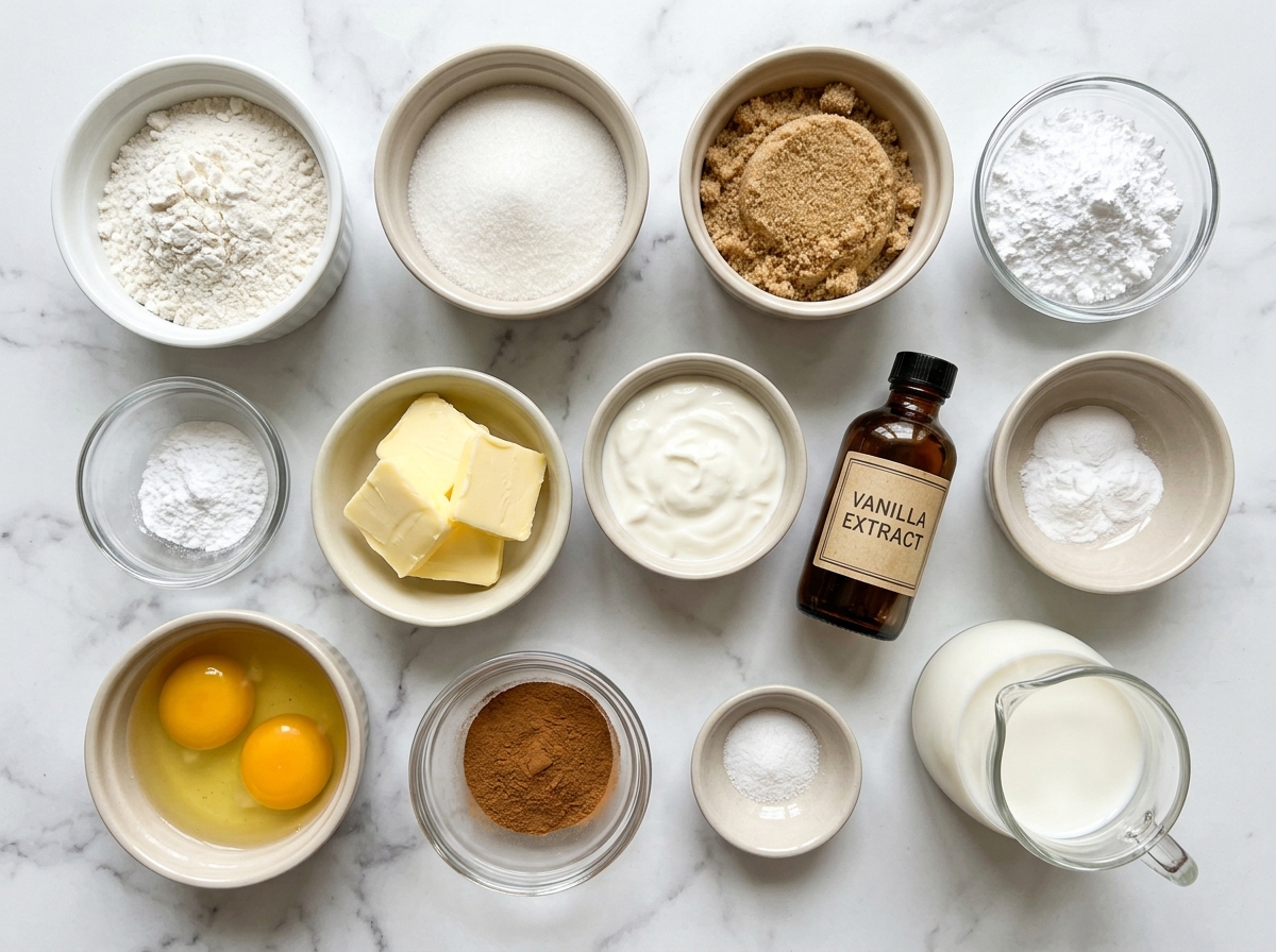Ingredients for cinnamon roll cake with butter, cinnamon, eggs, and glaze sugar