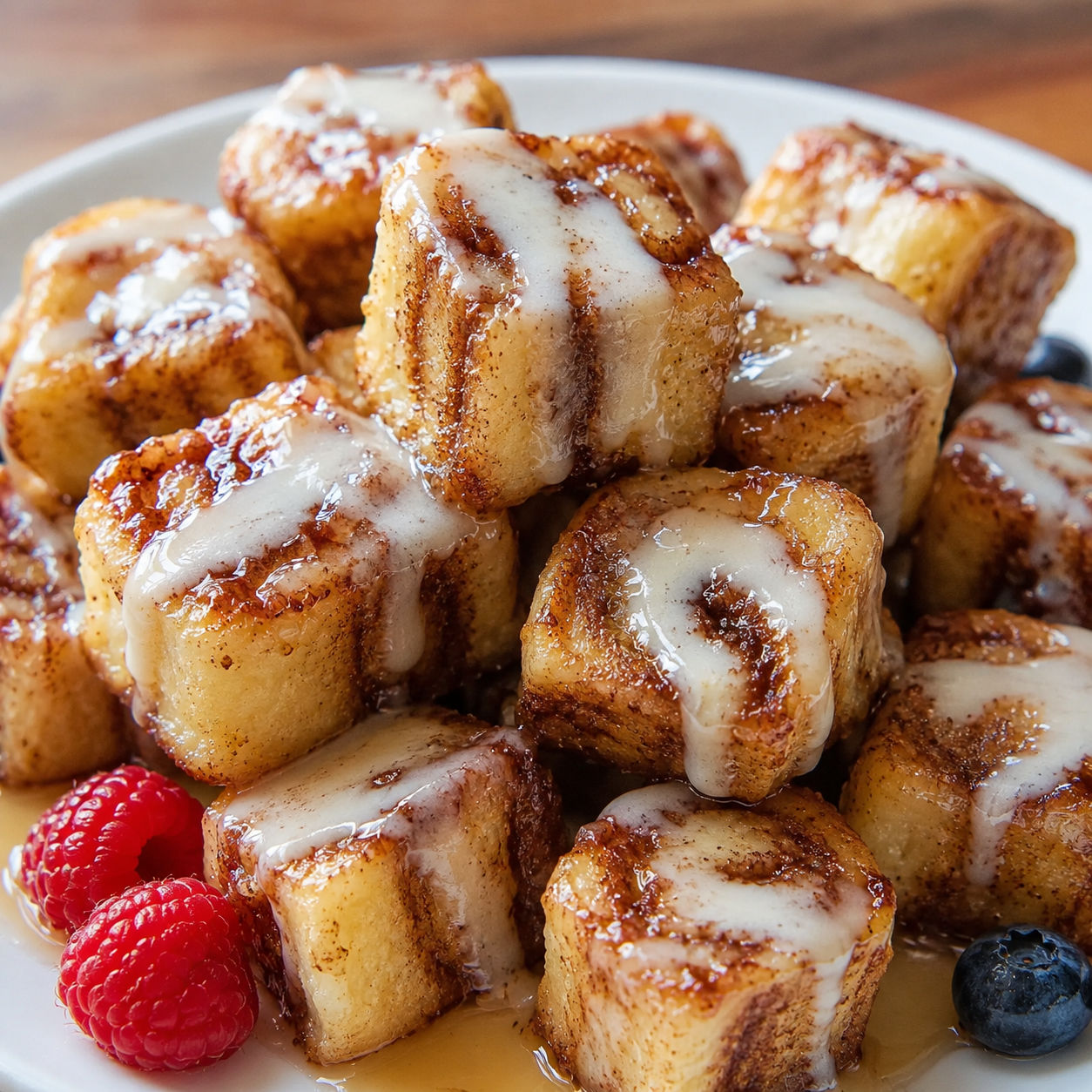 Cinnamon Roll French Toast Bites with icing drizzle and berries