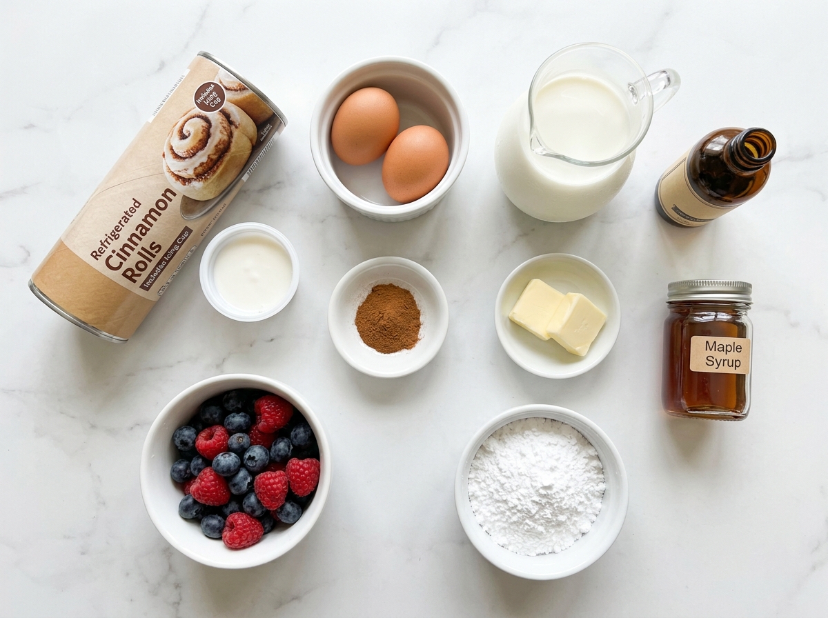 Ingredients for Cinnamon Roll French Toast Bites on a wooden surface