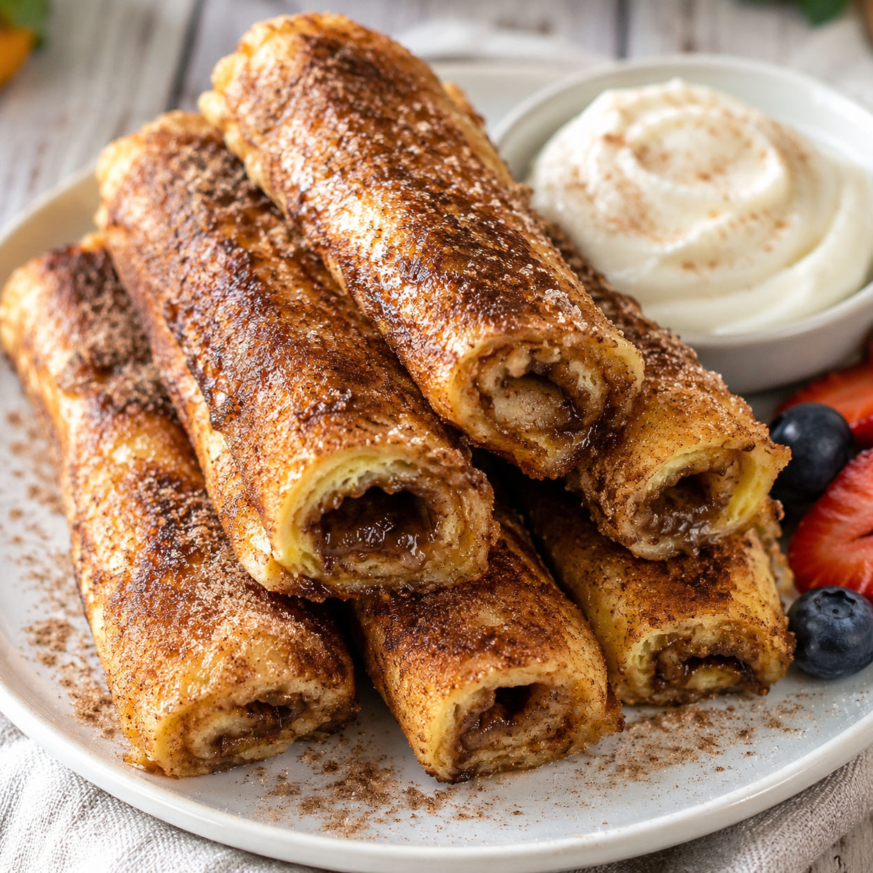 Cinnamon French toast roll-ups with cream cheese dip and berries