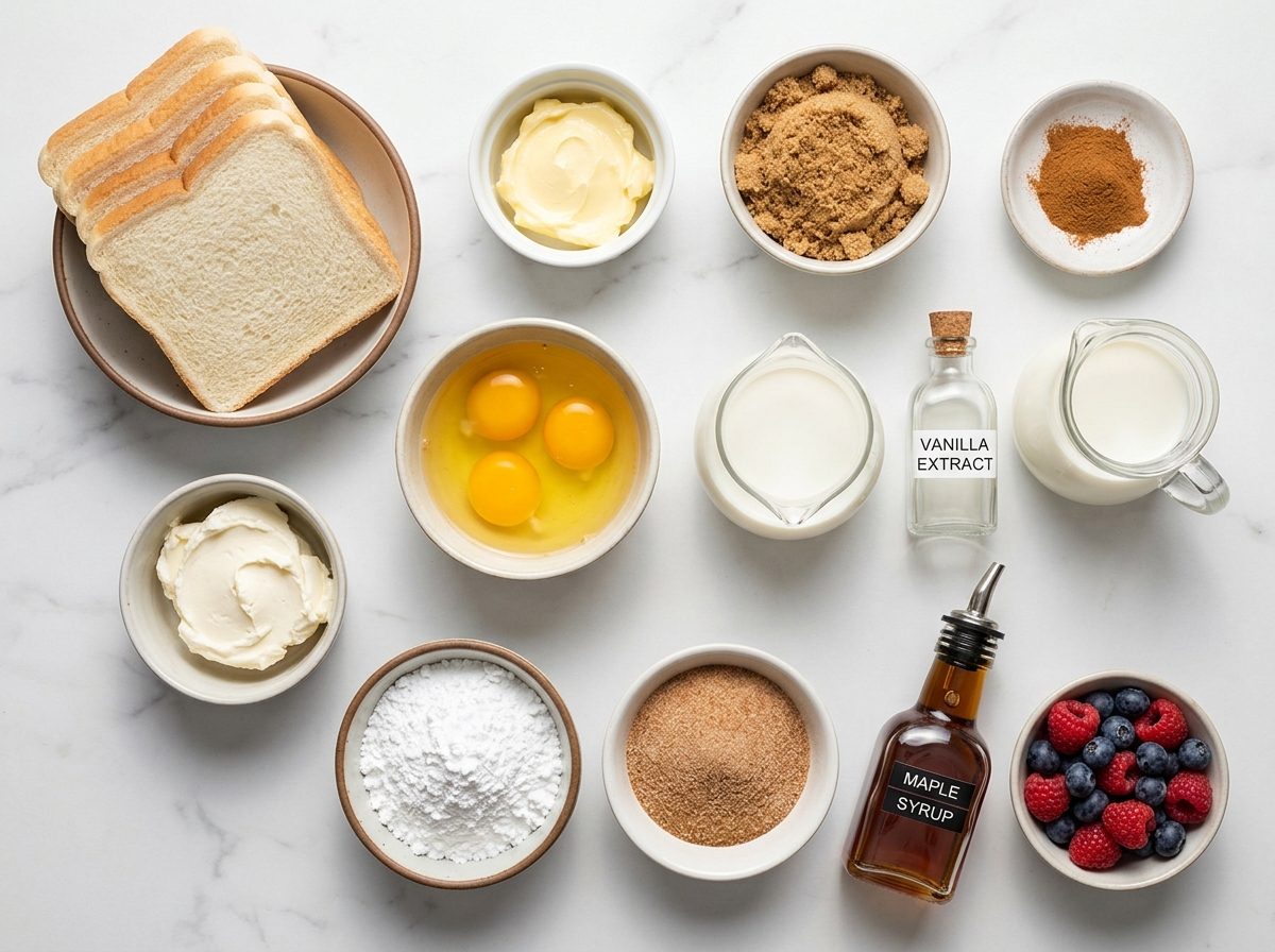 Ingredients for cinnamon French toast roll-ups on a wooden surface