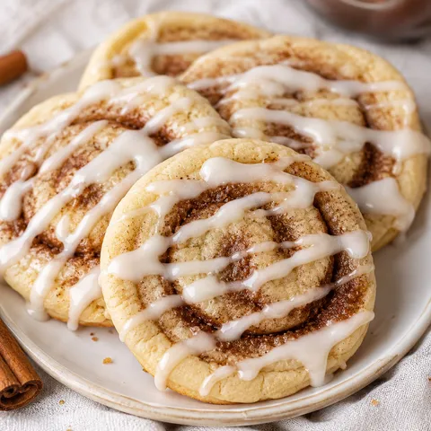 Cinnamon roll sugar cookies with cream cheese glaze on a white plate