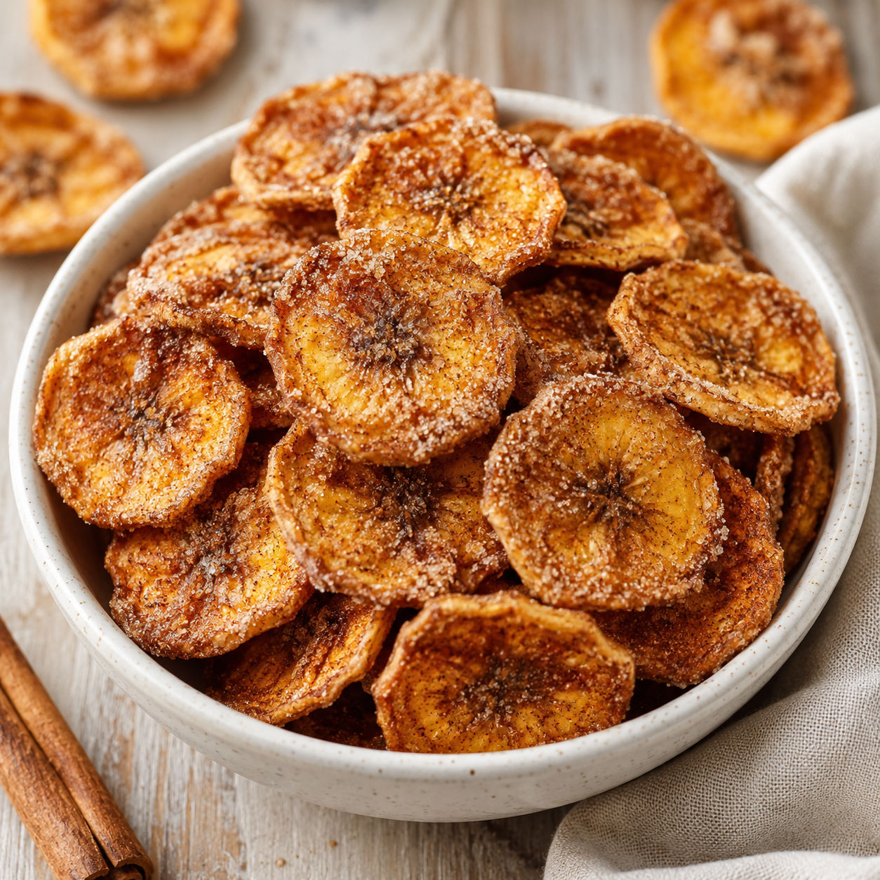 Cinnamon-sugar air fryer banana chips in a white bowl