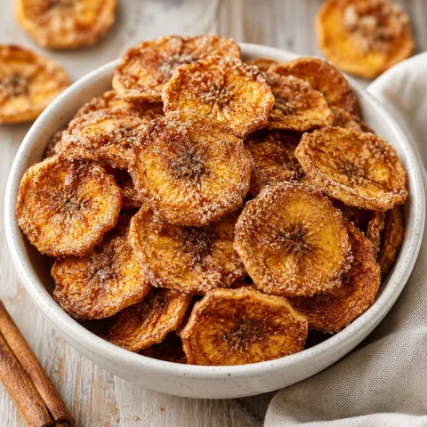 Cinnamon-sugar air fryer banana chips in a white bowl
