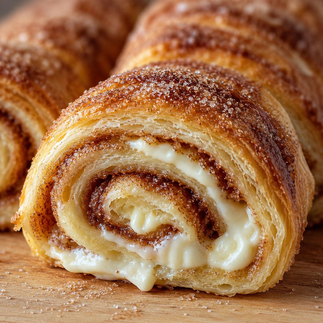 Cinnamon sugar cream cheese puff pastry rolls on a wooden board