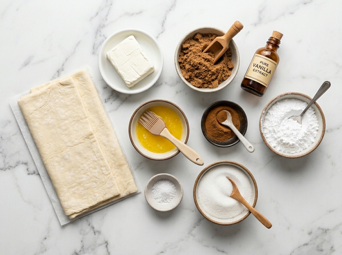 Ingredients for cinnamon sugar cream cheese puff pastry rolls