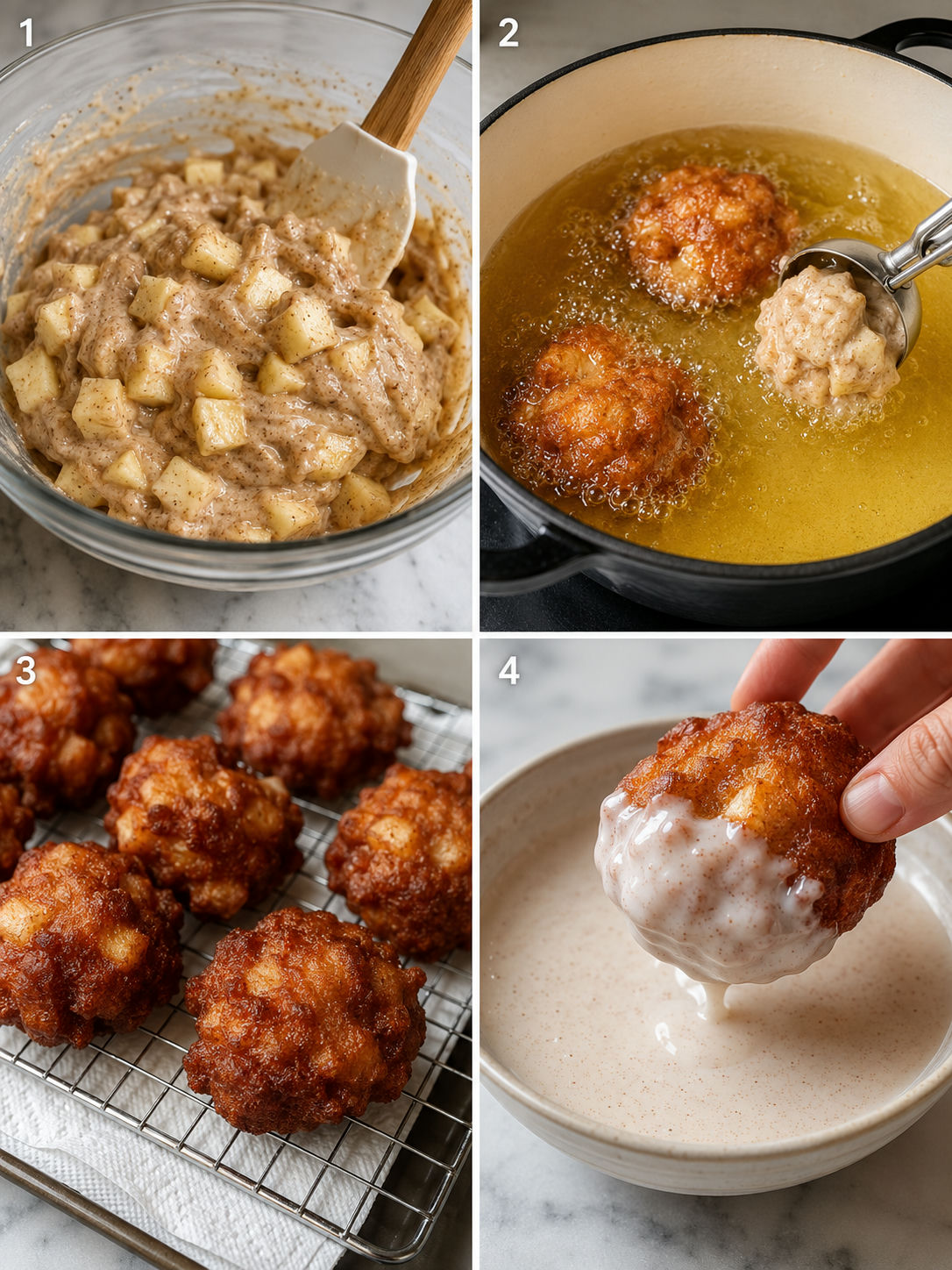 Four steps of making cinnamon glazed apple fritter bites from folding batter to dipping in glaze