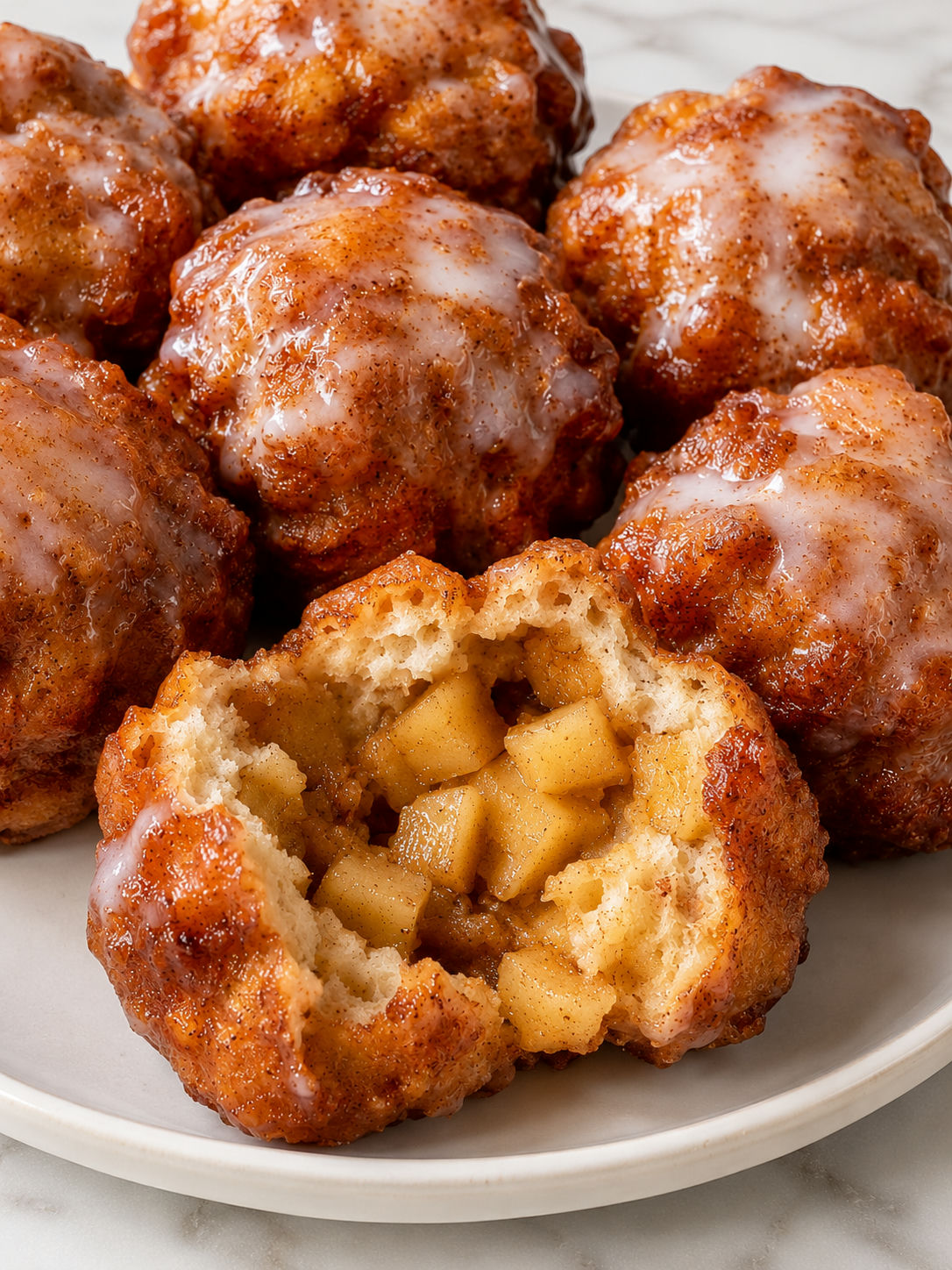 Close-up of cinnamon glazed apple fritter bites with glossy white glaze and golden apple-studded center
